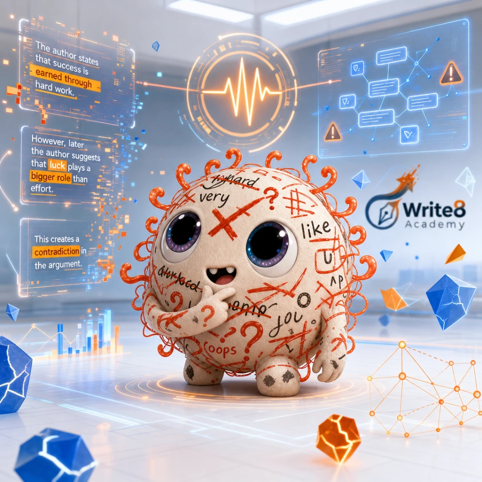 Proofpal waiting patiently with a curious expression, surrounded by abstract visualizations of AI analyzing an essay, representing the 'Break It Down' phase