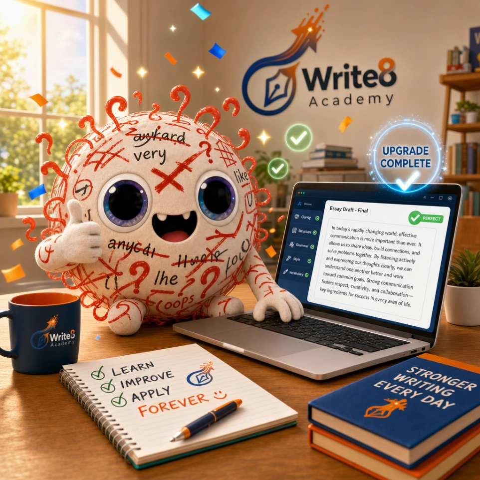 Proofpal happily typing a new, improved essay, radiating confidence and the feeling of a 'permanent upgrade' to writing skills